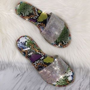 SNAKE PRINT RHINESTONE BLING FLAT SANDALS SLIDES